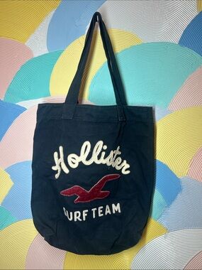 Hollister Navy Canvas Tote with Cream Script & Red Logo 2000s